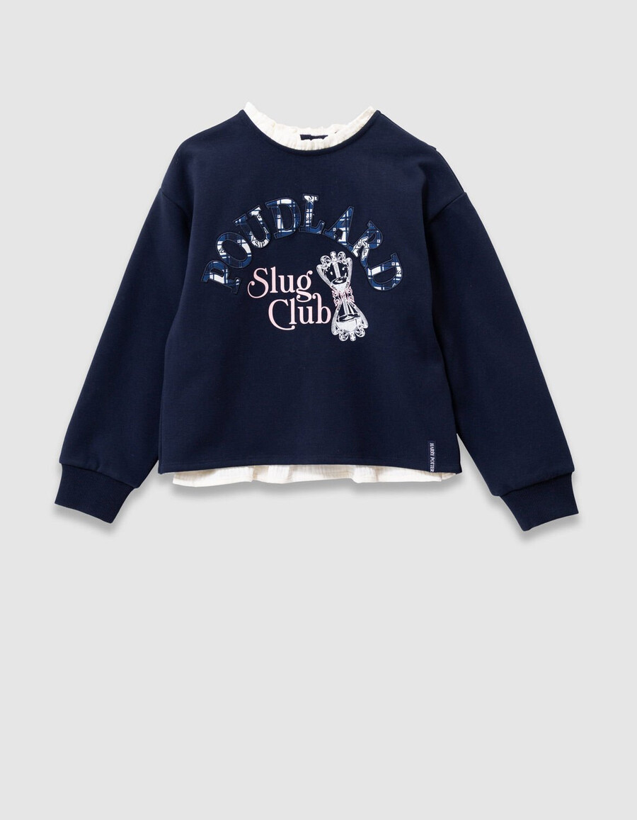 mädchen-sweatshirt in marineblau harry-potter-slogan rüschenkragen