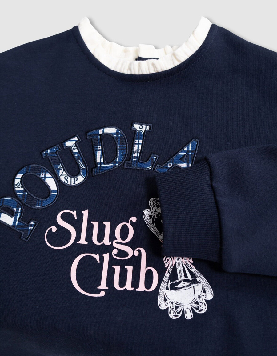 mädchen-sweatshirt in marineblau harry-potter-slogan rüschenkragen
