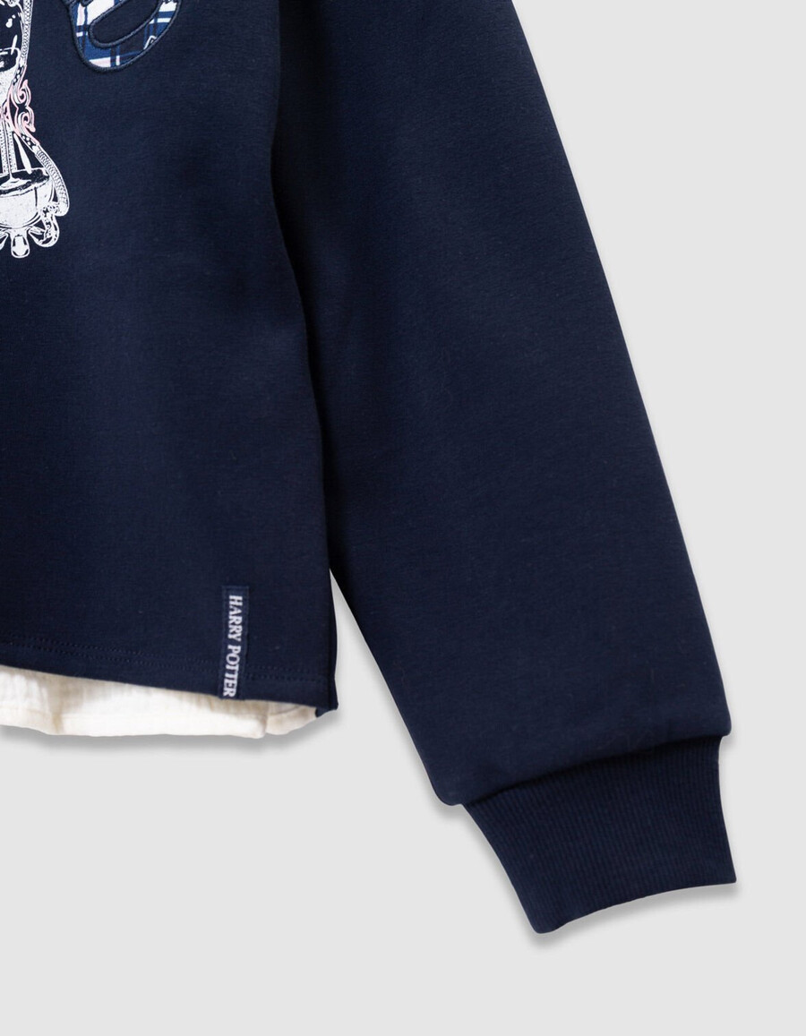 mädchen-sweatshirt in marineblau harry-potter-slogan rüschenkragen