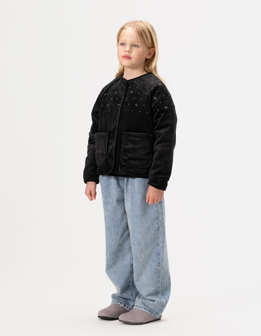 schwarzer gesteppter bestickter samtcardigan für mädchen