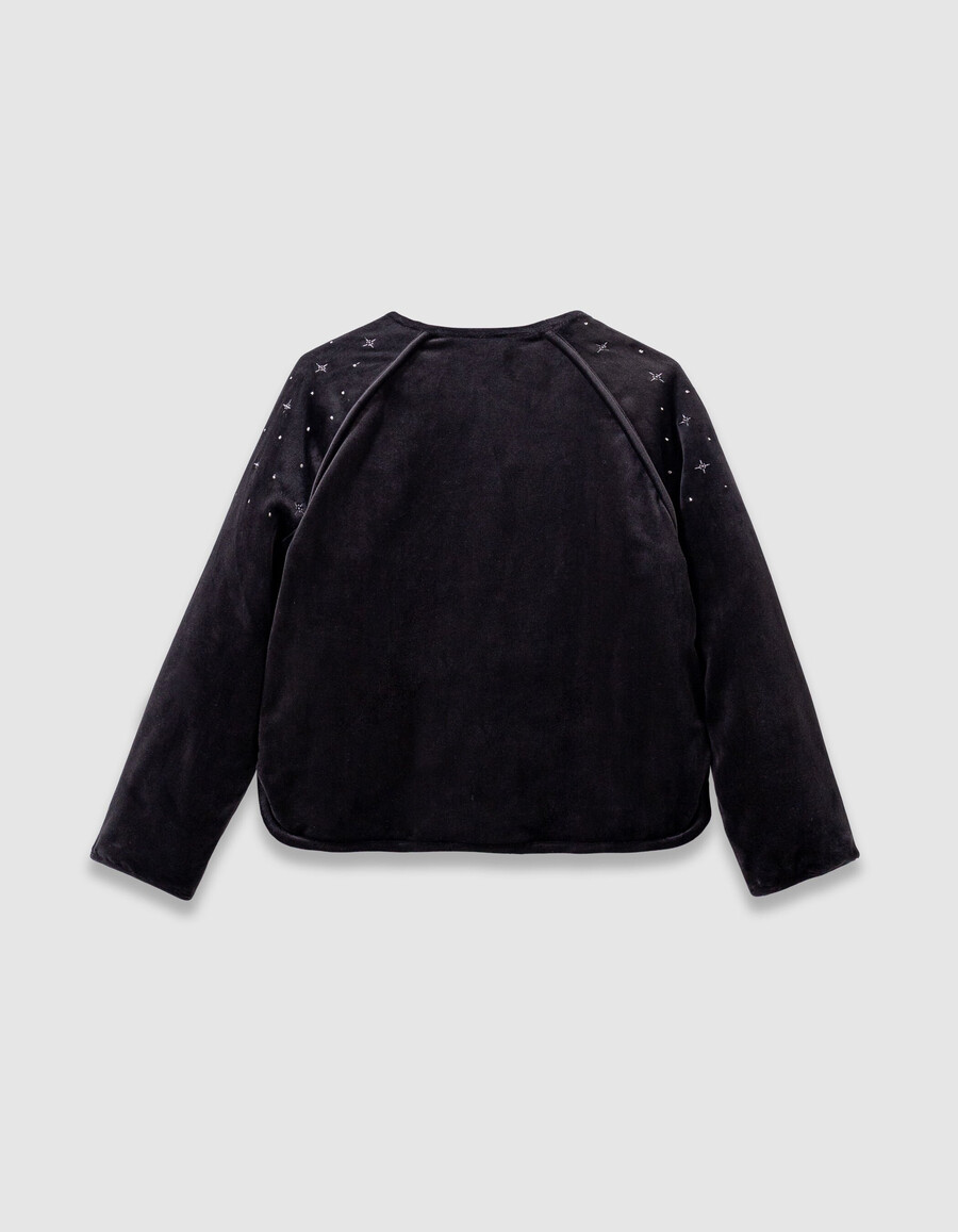 schwarzer gesteppter bestickter samtcardigan für mädchen