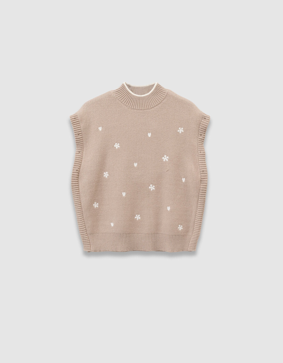 beigefarbener strickpullover für mädchen mit abnehmbaren ärmeln