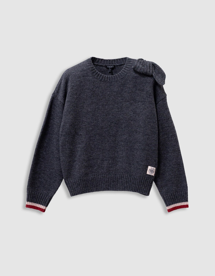 grauer strickpullover für mädchen mit xl-schleife an der schulter