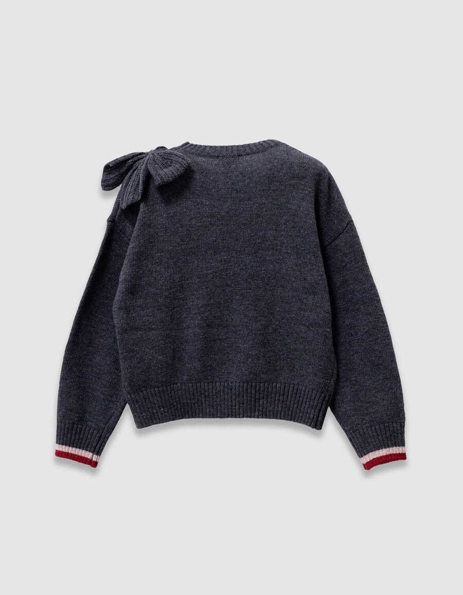 grauer strickpullover für mädchen mit xl-schleife an der schulter