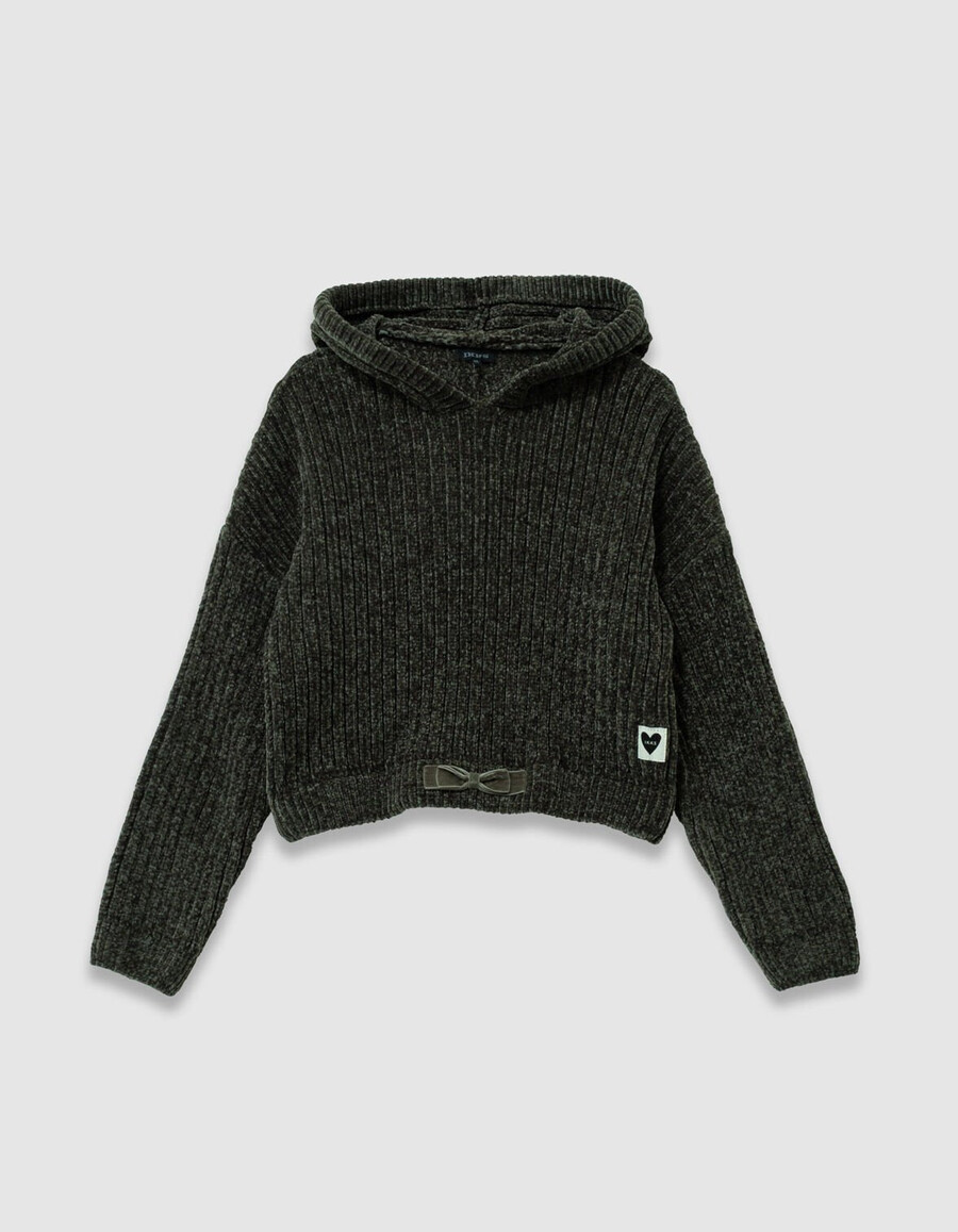 mädchen-kapuzenpullover aus khakifarbenem chenille-strick