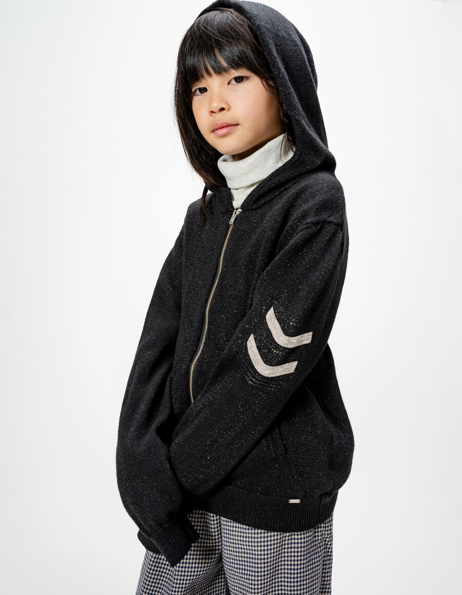 schwarzer perlenbesetzter chevron-strickcardigan für mädchen aus lurex