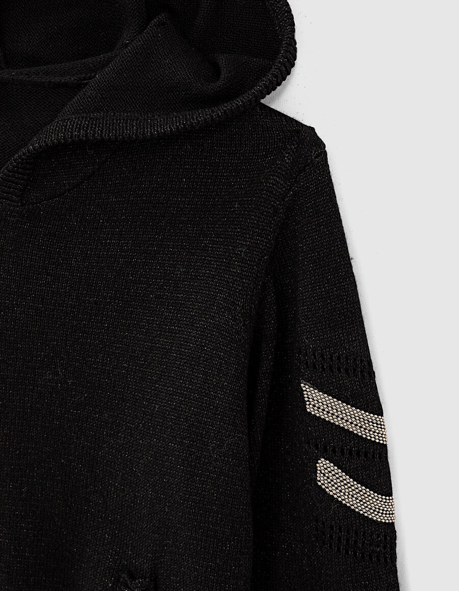 schwarzer perlenbesetzter chevron-strickcardigan für mädchen aus lurex
