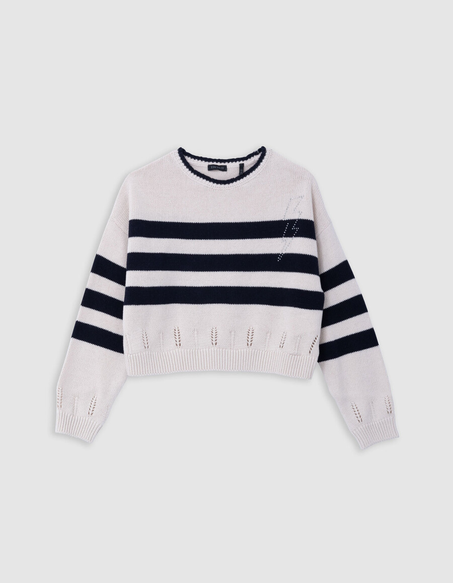 mädchen-pullover aus bio-baumwolle mit matrosenstreifen strass-blitz