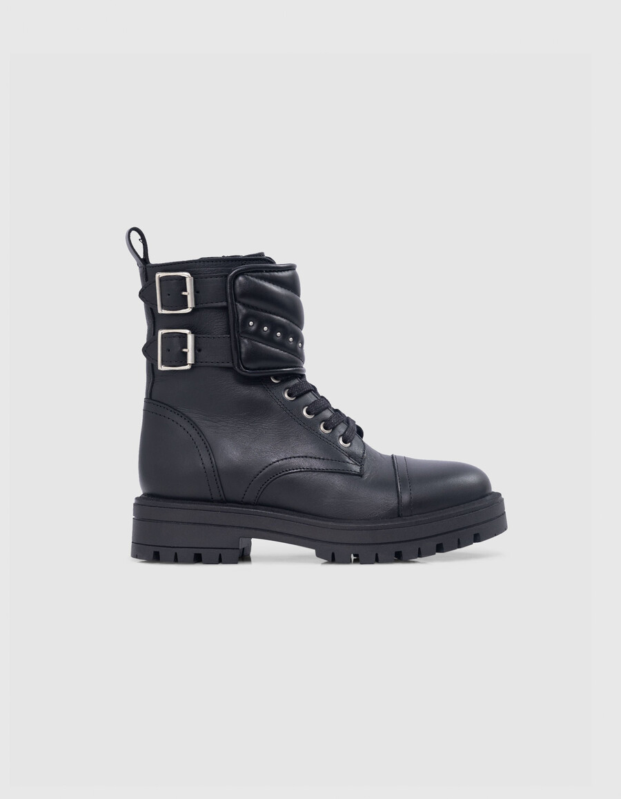 schwarze leder-combat-stiefeletten für mädchen mit nieten