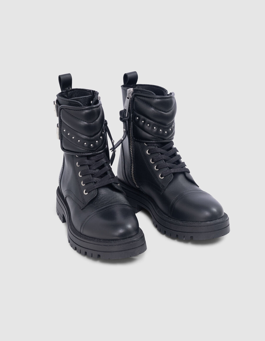 schwarze leder-combat-stiefeletten für mädchen mit nieten