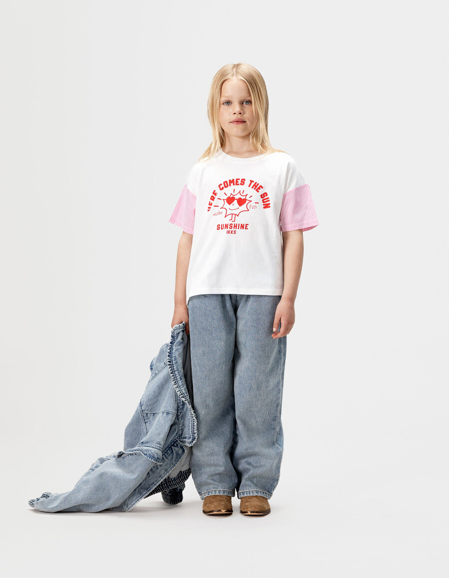 weißes kurzarm-t-shirt für mädchen mit rosa streifen