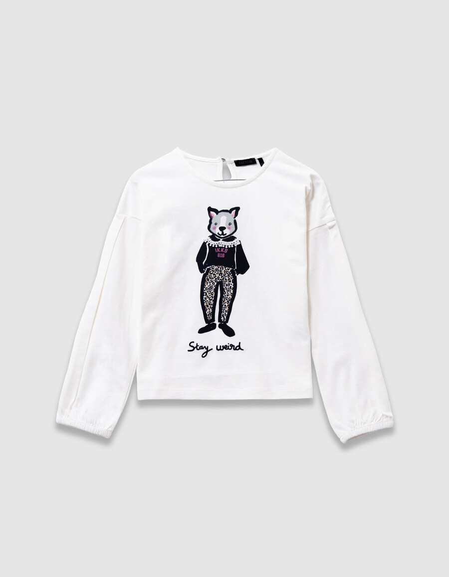 mädchen-t-shirt aus ecrufarbener bio-baumwolle mit kaninchenmotiv und 3d-spitzenkragen