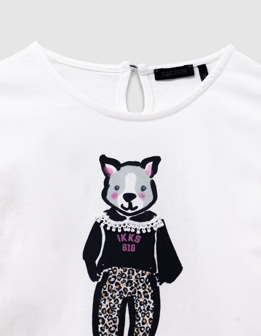 mädchen-t-shirt aus ecrufarbener bio-baumwolle mit kaninchenmotiv und 3d-spitzenkragen