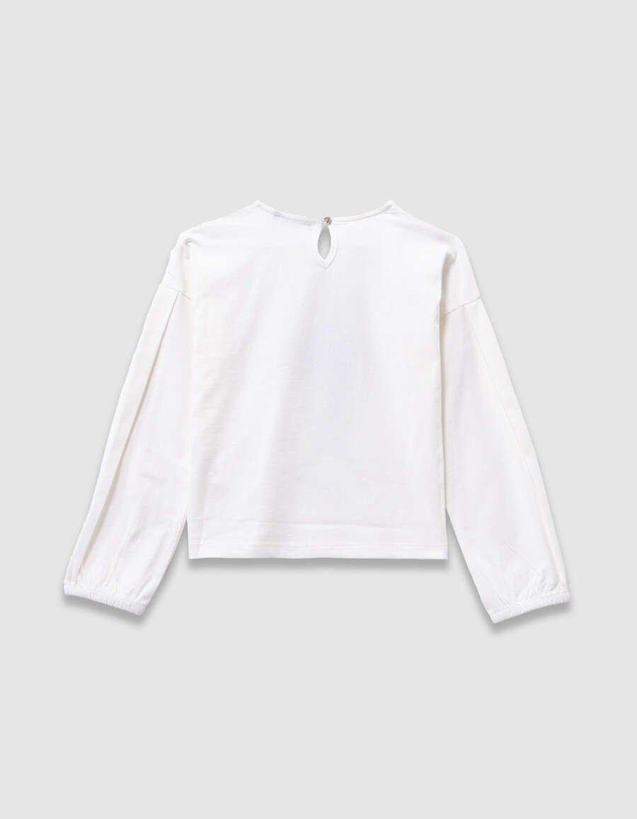 mädchen-t-shirt aus ecrufarbener bio-baumwolle mit kaninchenmotiv und 3d-spitzenkragen