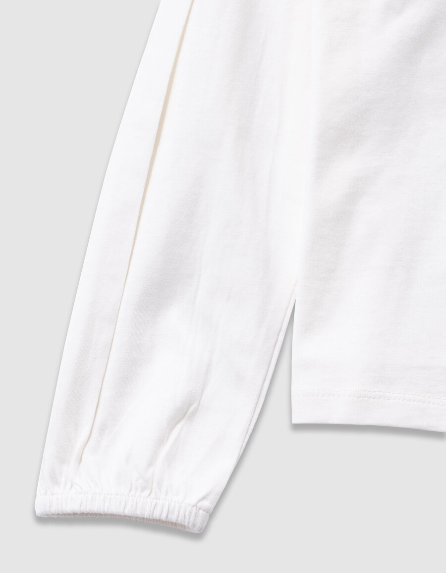 mädchen-t-shirt aus ecrufarbener bio-baumwolle mit kaninchenmotiv und 3d-spitzenkragen