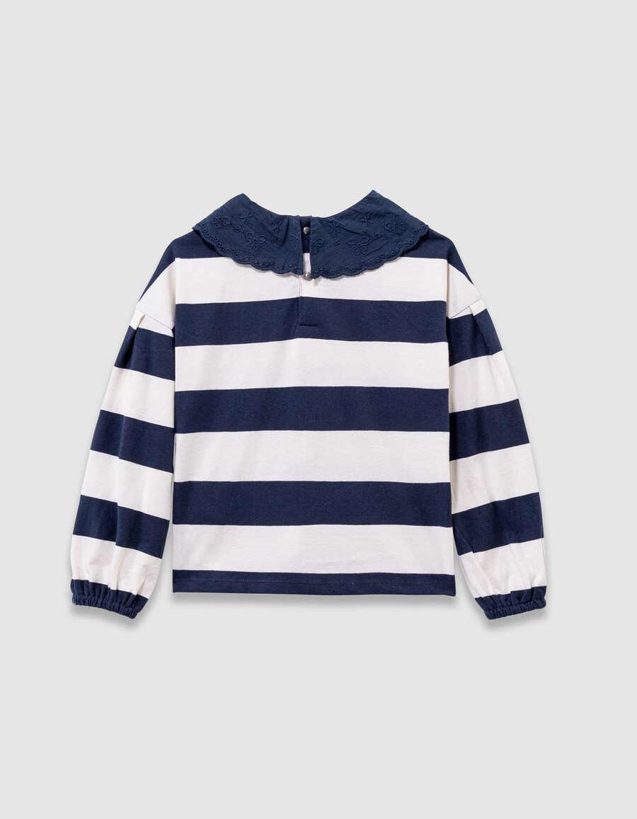mädchen-t-shirt mit marineblauenecrufarbenen streifen im matrosenstil bestickter kragen