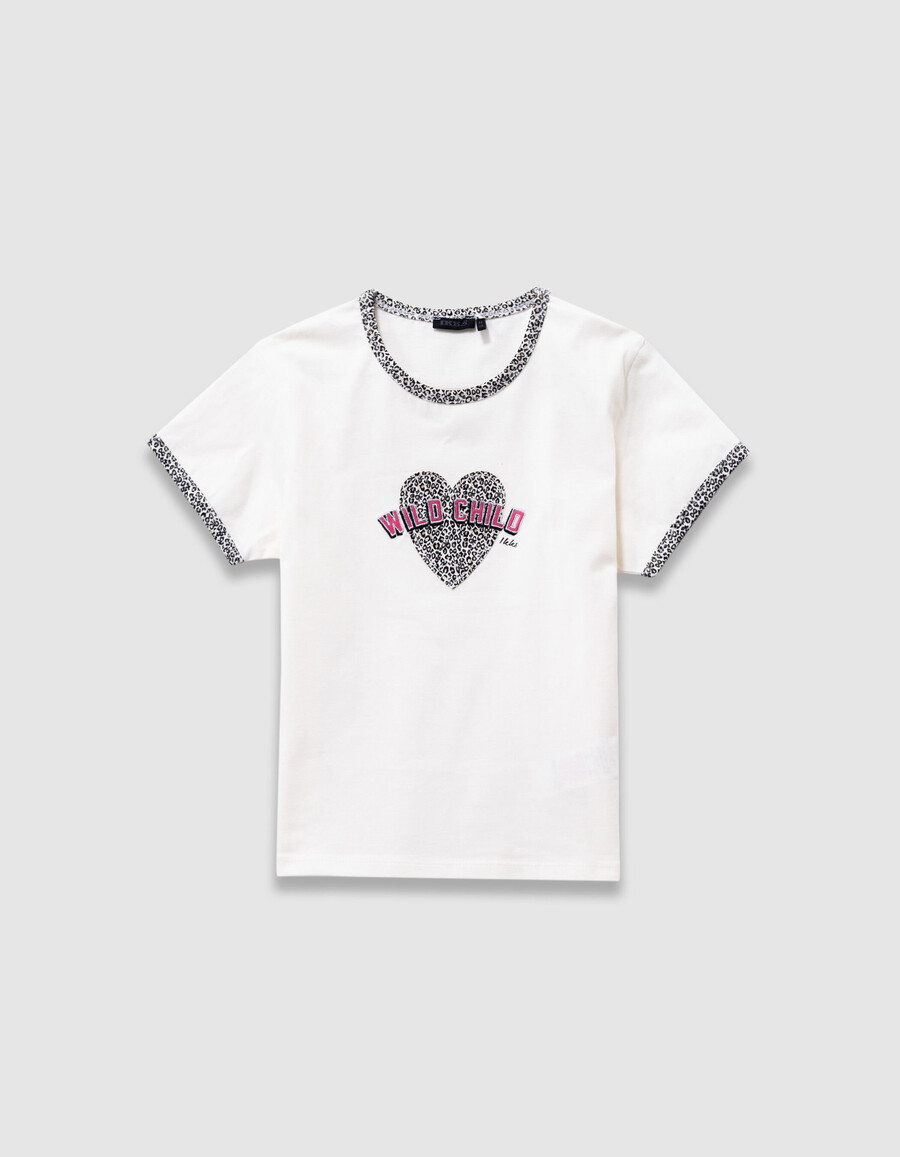 mädchen-t-shirt aus ecrufarbener bio-baumwolle mit leoparden-schleifenmuster