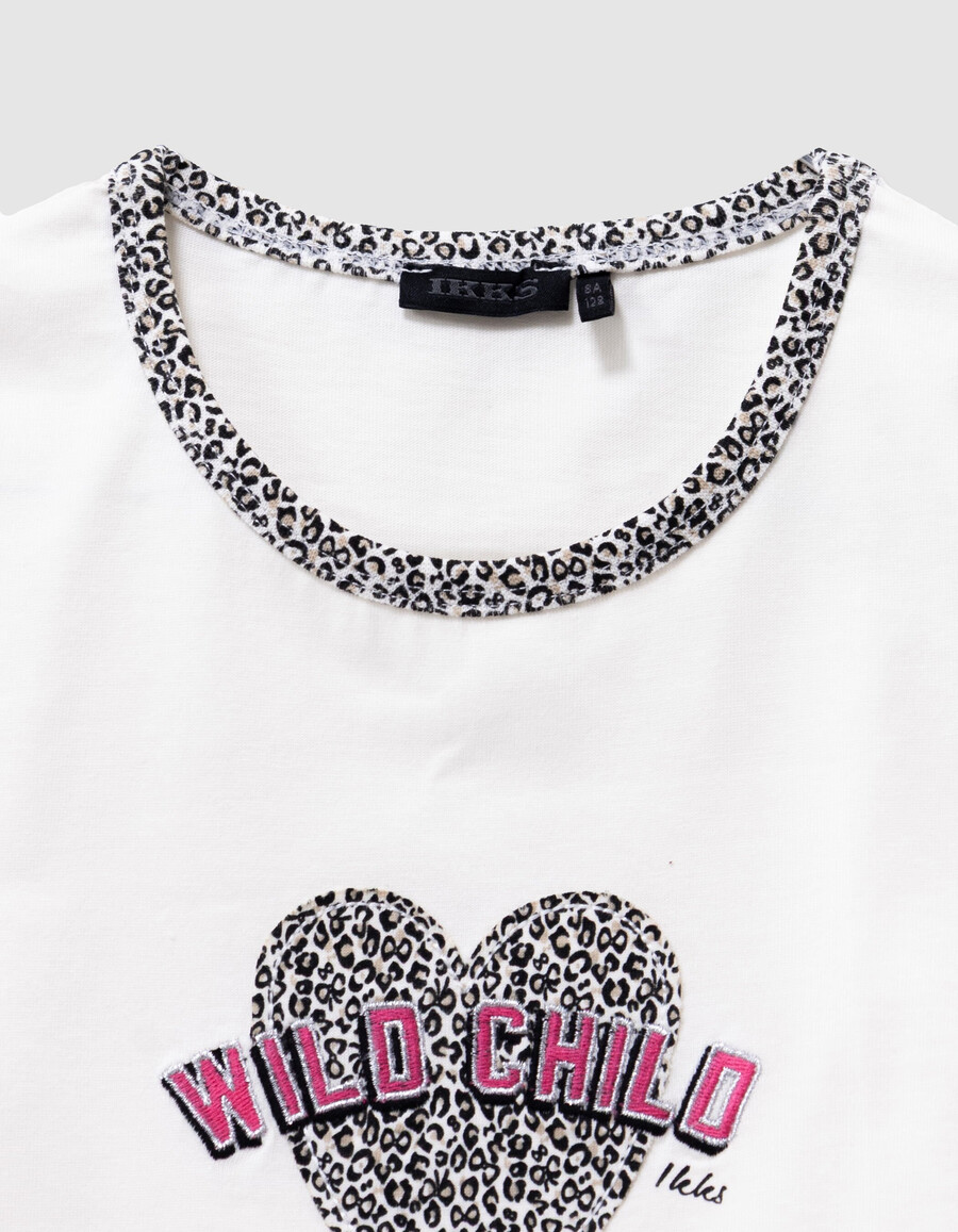 mädchen-t-shirt aus ecrufarbener bio-baumwolle mit leoparden-schleifenmuster