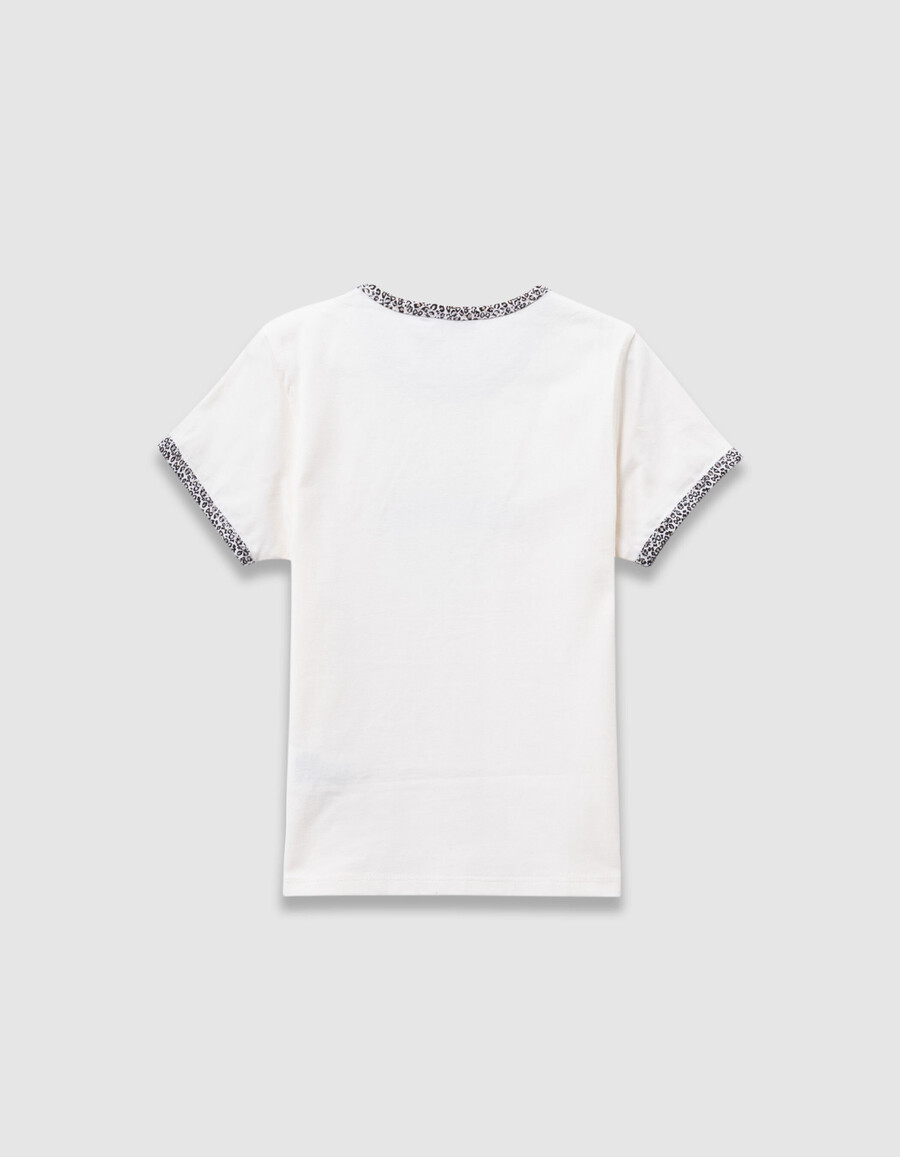 mädchen-t-shirt aus ecrufarbener bio-baumwolle mit leoparden-schleifenmuster