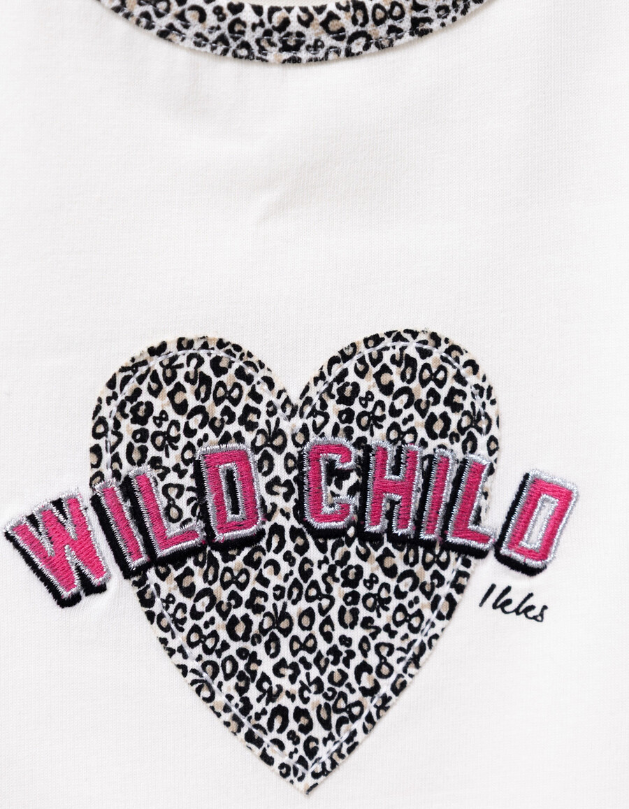mädchen-t-shirt aus ecrufarbener bio-baumwolle mit leoparden-schleifenmuster