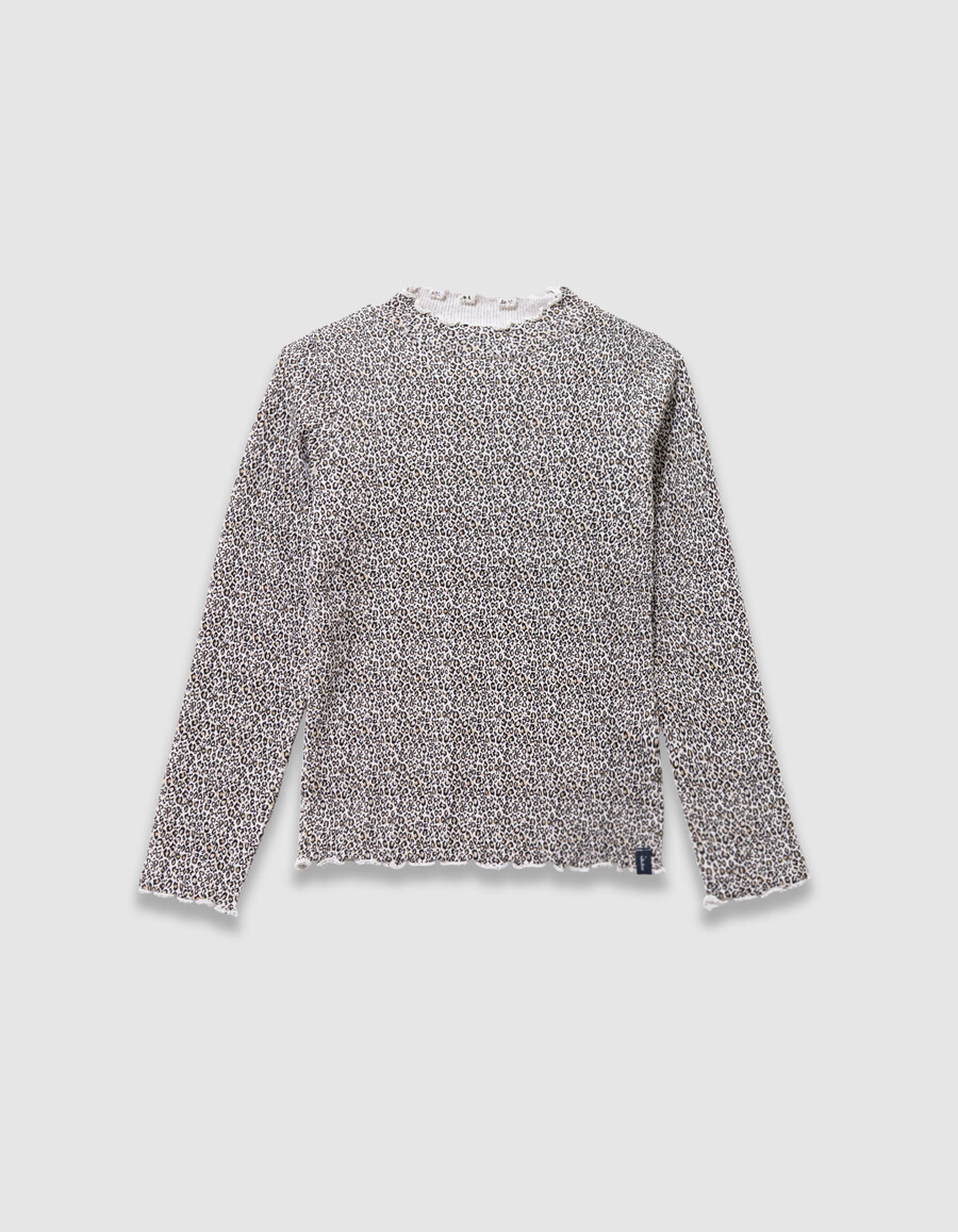 beigefarbenes mädchen-t-shirt mit hohem kragen und leoparden-schleifenmuster