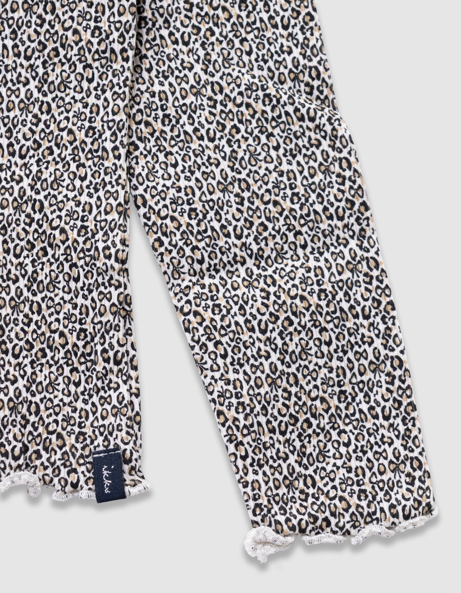 beigefarbenes mädchen-t-shirt mit hohem kragen und leoparden-schleifenmuster