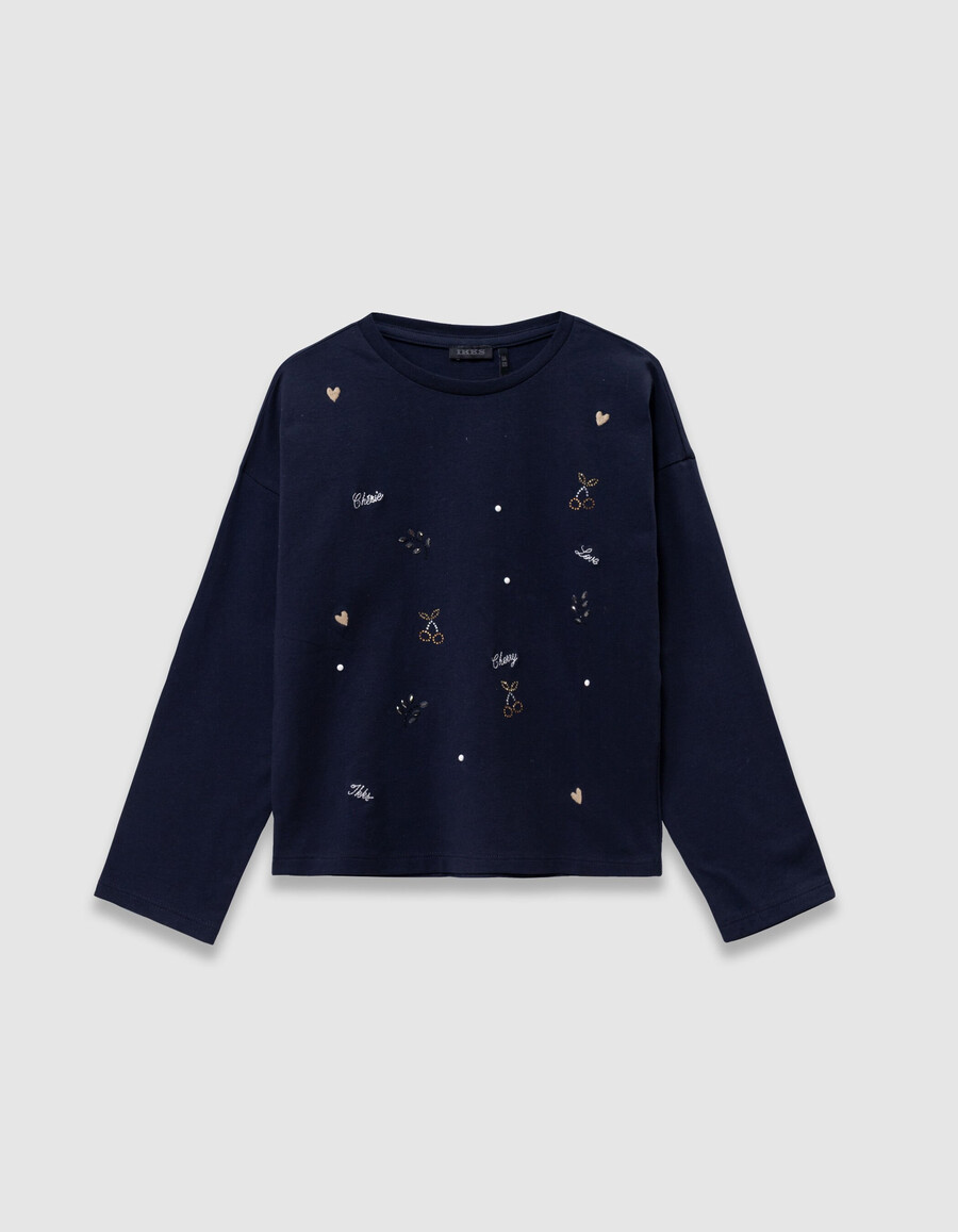 marineblaues mädchen-t-shirt mit stickerei und strass-mix