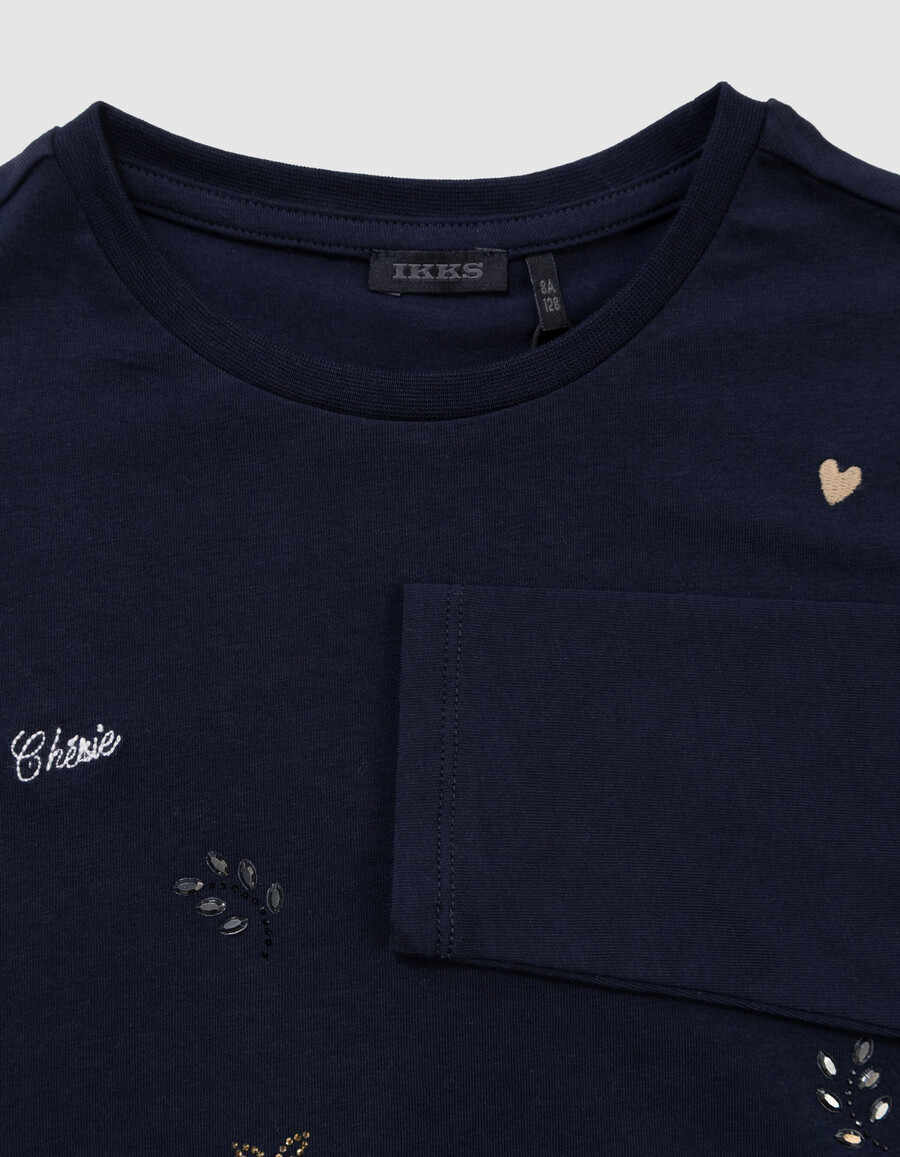 marineblaues mädchen-t-shirt mit stickerei und strass-mix