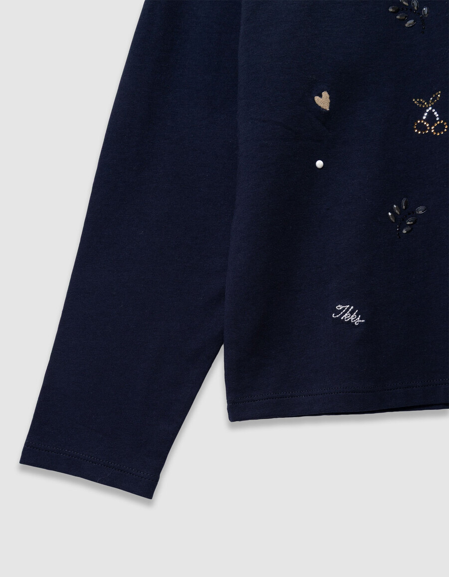 marineblaues mädchen-t-shirt mit stickerei und strass-mix