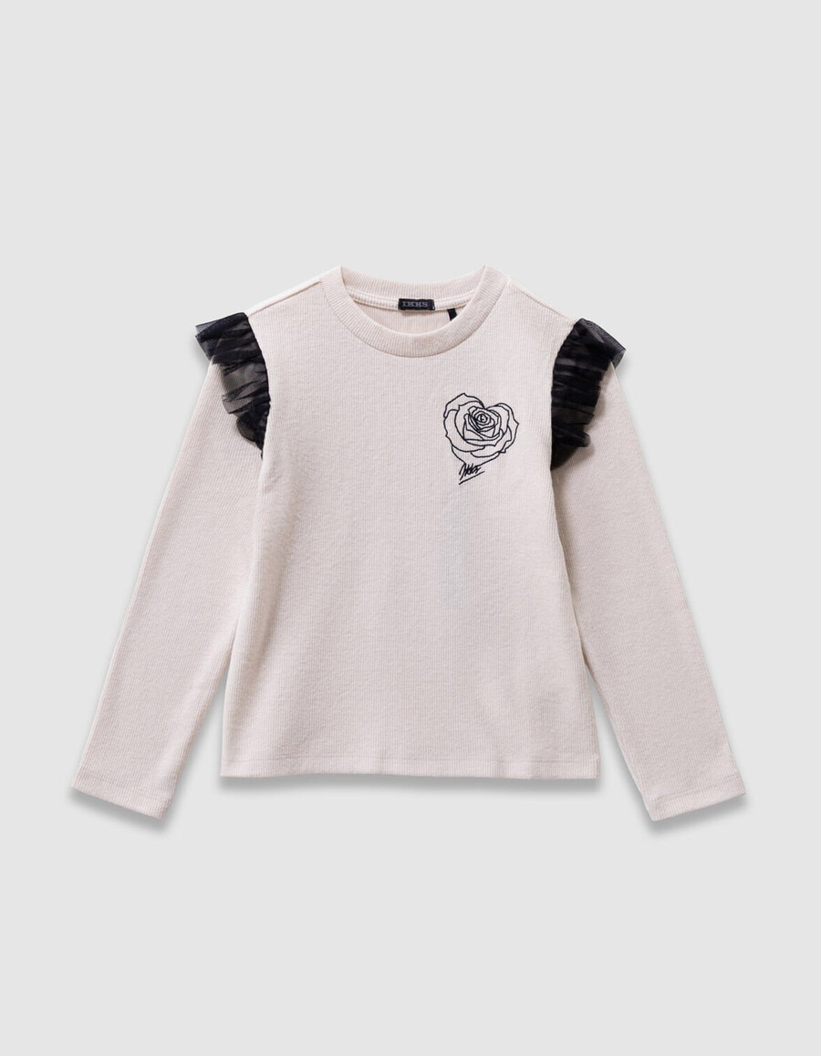 beigefarbenes mädchen-t-shirt mit rosenstickerei und tüllrüschen