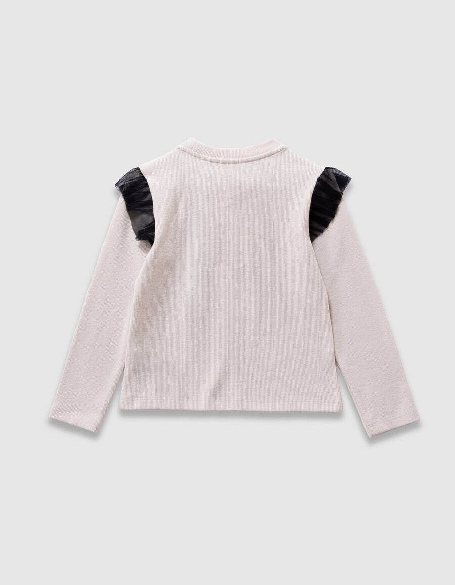 beigefarbenes mädchen-t-shirt mit rosenstickerei und tüllrüschen