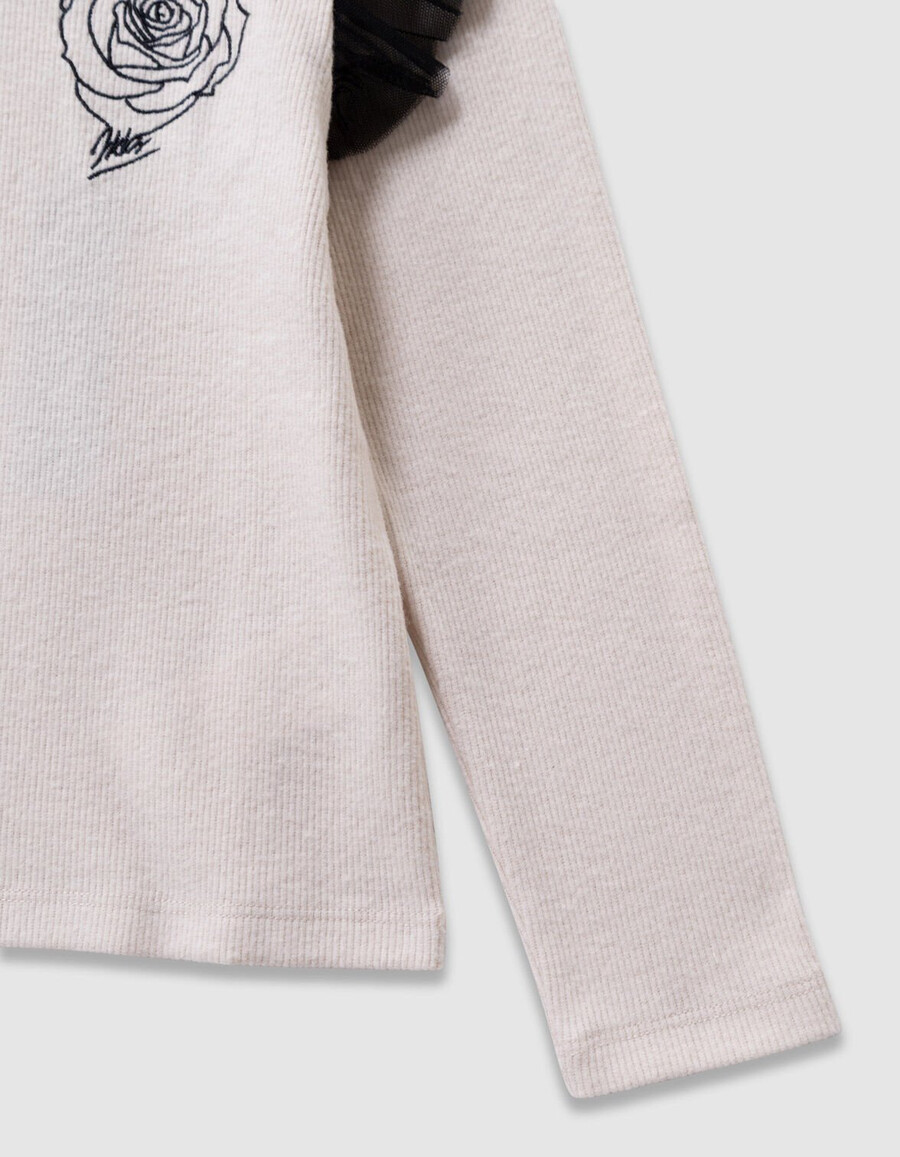 beigefarbenes mädchen-t-shirt mit rosenstickerei und tüllrüschen