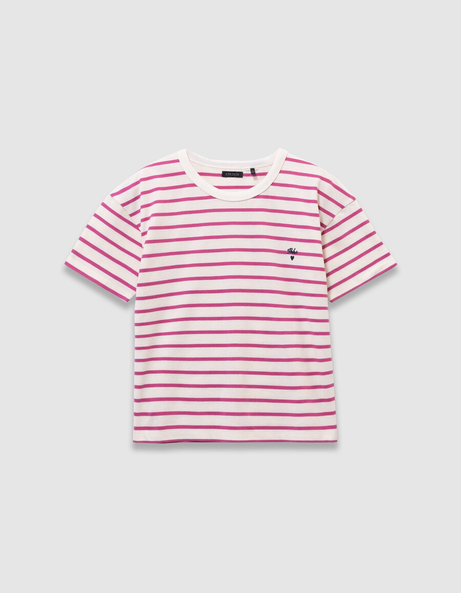 mädchen-t-shirt aus bio-baumwolle mit matrosenmotiv und rosa streifen