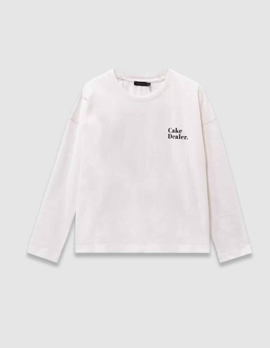 mädchen-t-shirt aus ecrufarbener bio-baumwolle mit kuchenmotiv