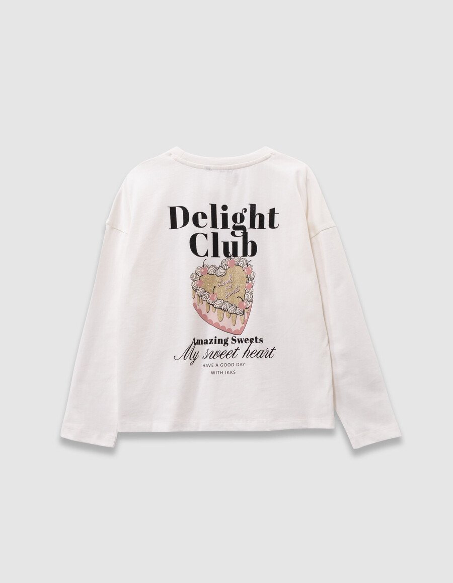 mädchen-t-shirt aus ecrufarbener bio-baumwolle mit kuchenmotiv