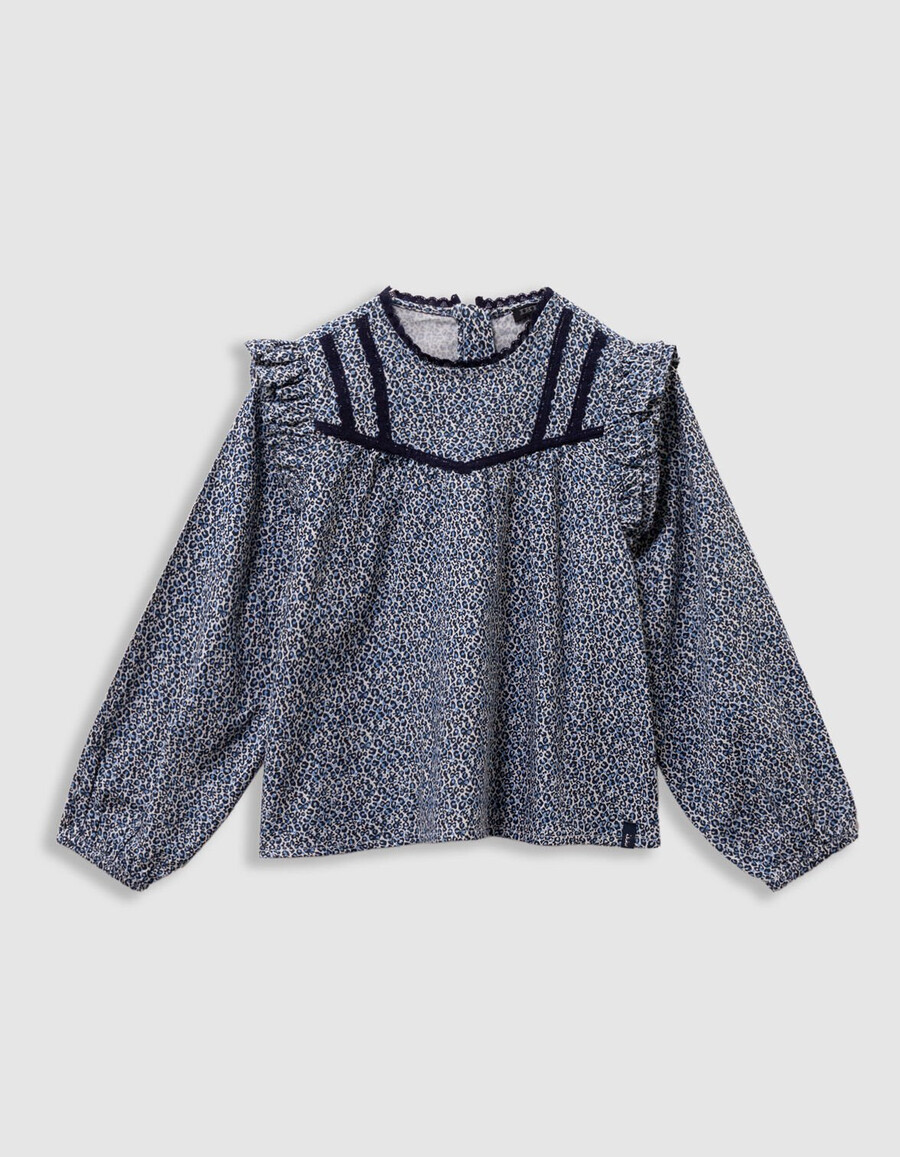mädchenbluse in marineblau mit leoparden-schleifenmuster