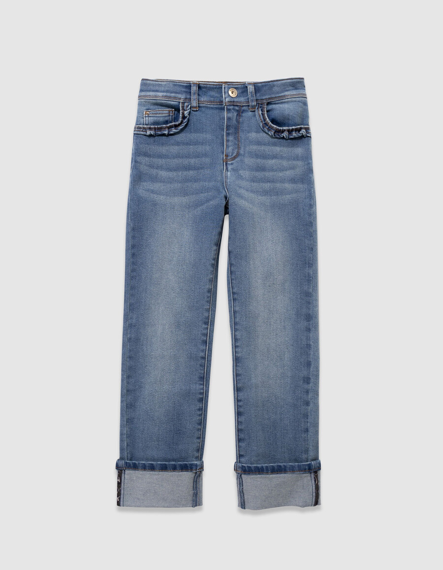 mädchen-jeans mit geradem schnitt blau mit rüschentaschen