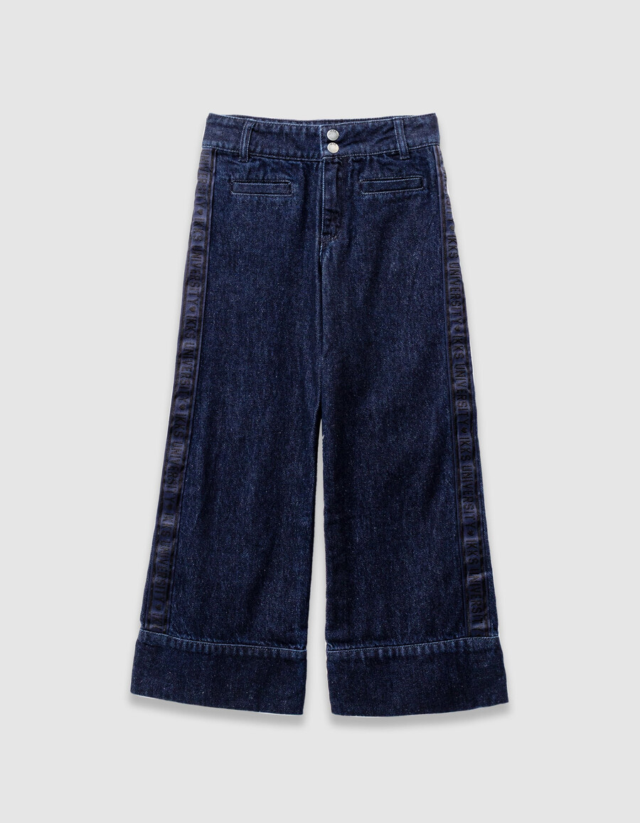 mädchen-jeans mit weitem bein und breiten seitenbändern blau