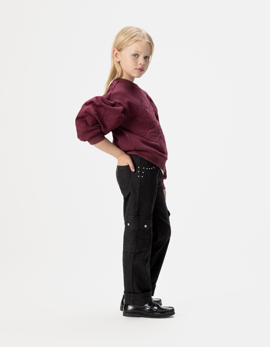 schwarze mit nieten besetzte cargo-jeans für mädchen mit geradem schnitt