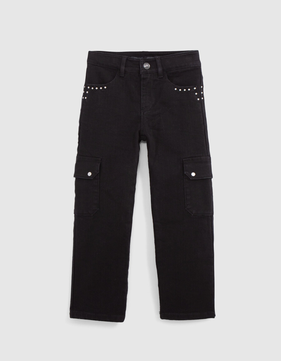 schwarze mit nieten besetzte cargo-jeans für mädchen mit geradem schnitt