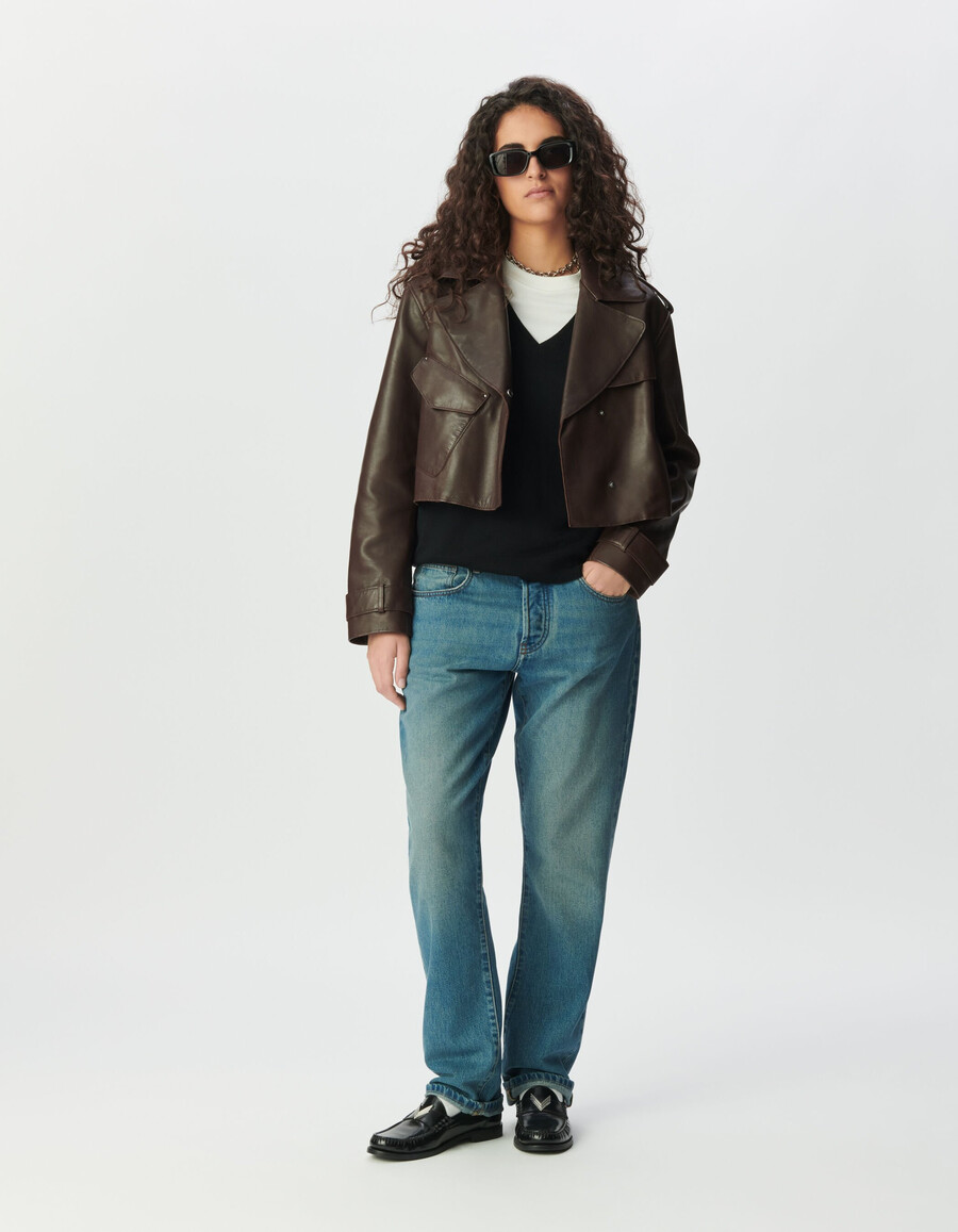 kurzer trenchcoat aus braunem leder für damen