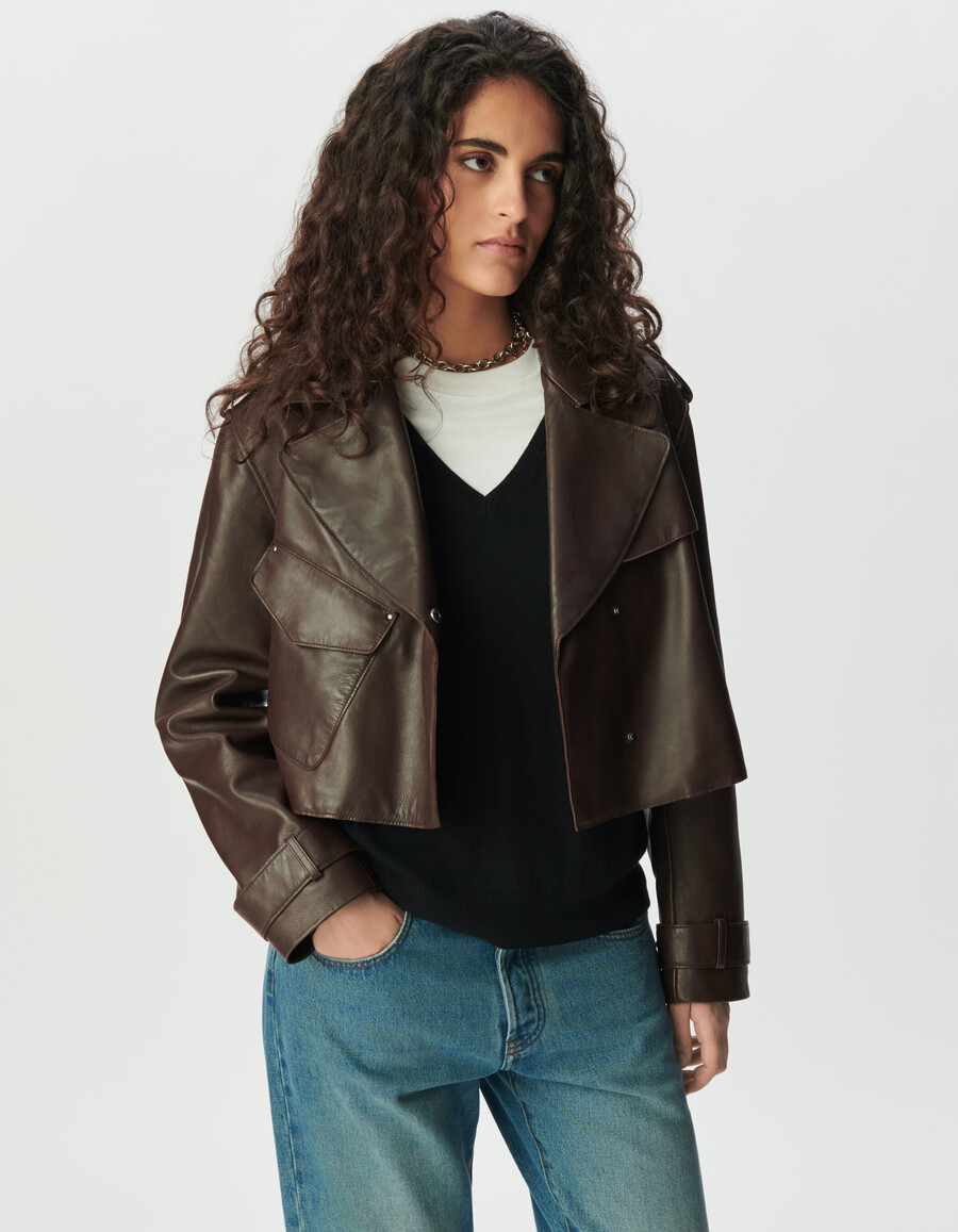 kurzer trenchcoat aus braunem leder für damen