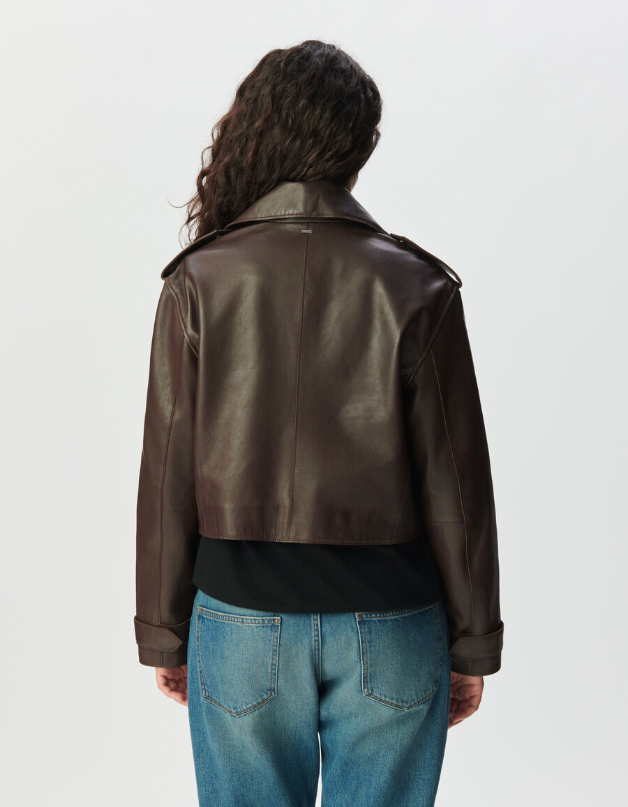 kurzer trenchcoat aus braunem leder für damen