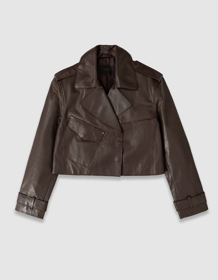 kurzer trenchcoat aus braunem leder für damen
