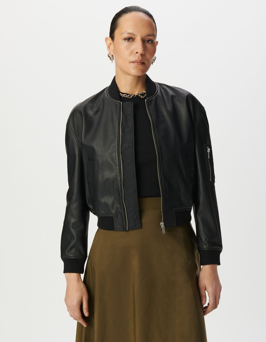 schwarze oversize-bomberjacke aus leder für damen