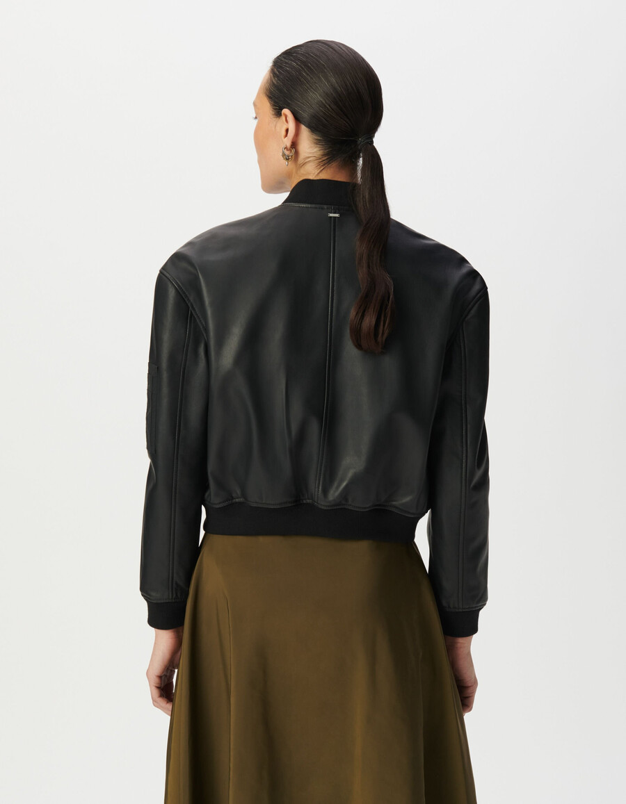 schwarze oversize-bomberjacke aus leder für damen