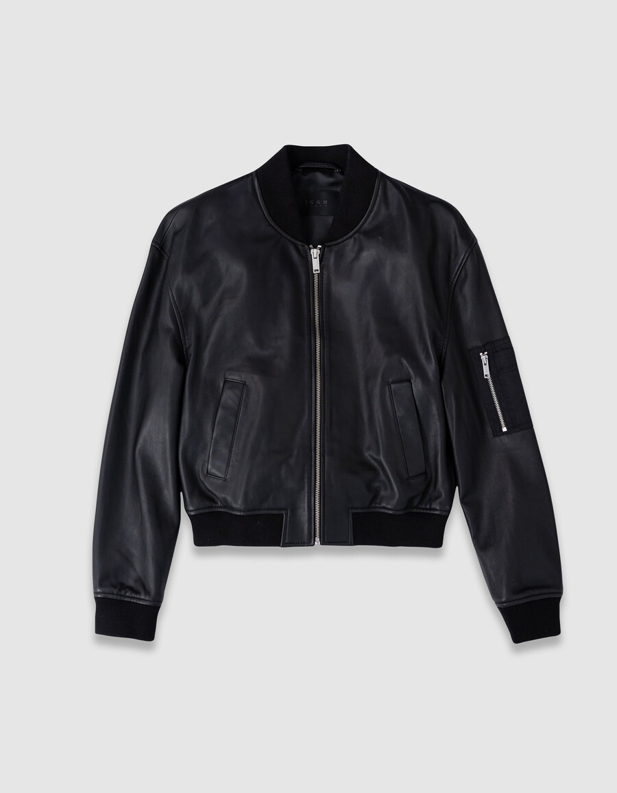 schwarze oversize-bomberjacke aus leder für damen