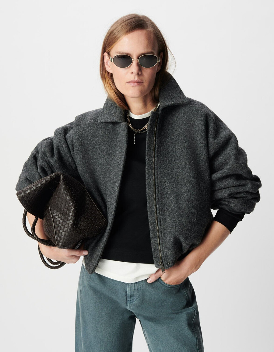 damen-oversize-jacke aus grauer gekochter wolle