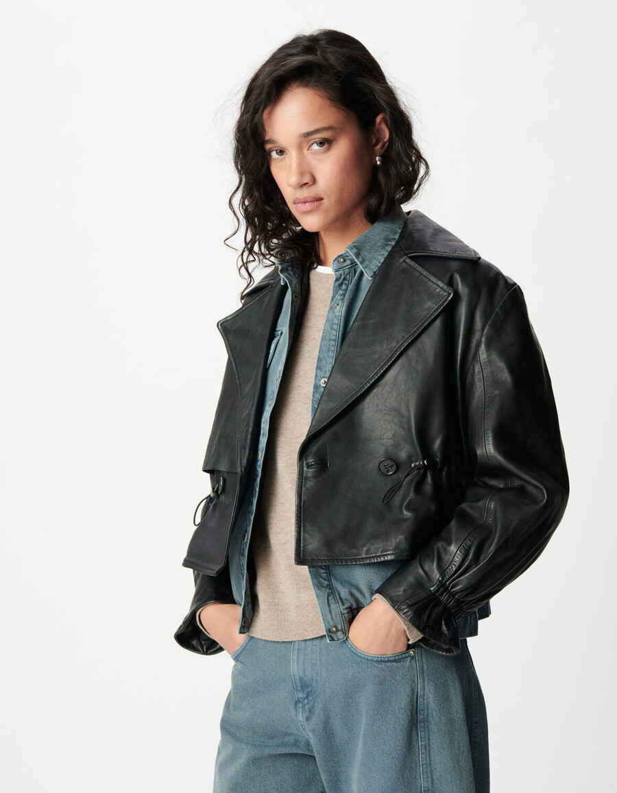 schwarze oversize-lederjacke für damen
