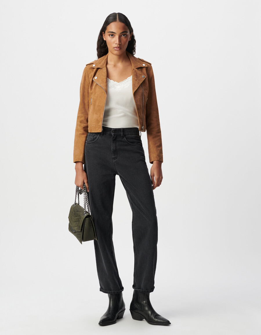 damen-bikerjacke aus kamelfarbenem leder und velours